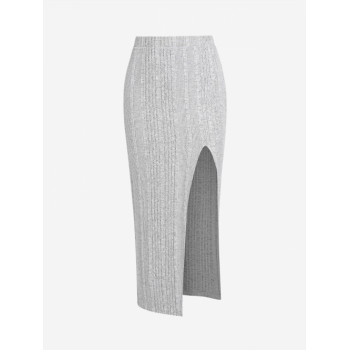 ZAFUL Ribbed Thigh Split Midi Bodycon Skirt M Light gray