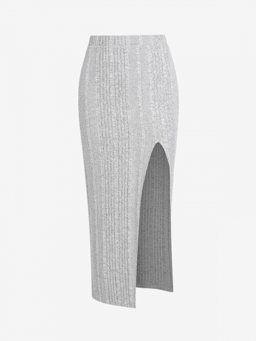 ZAFUL Ribbed Thigh Split Midi Bodycon Skirt M Light gray