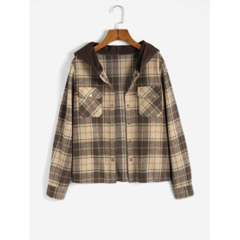 ZAFUL Contrast Hooded Plaid Cargo Jacket L Light coffee