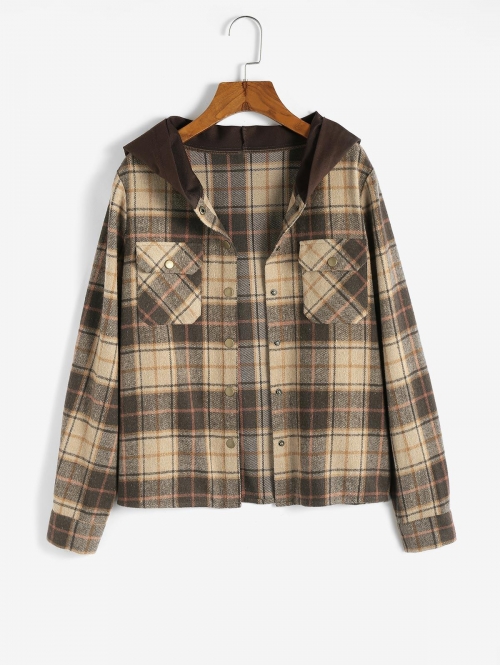 ZAFUL Contrast Hooded Plaid Cargo Jacket L Light coffee