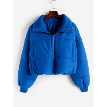 Zip Up Pockets Puffer Padded Coat S Blue