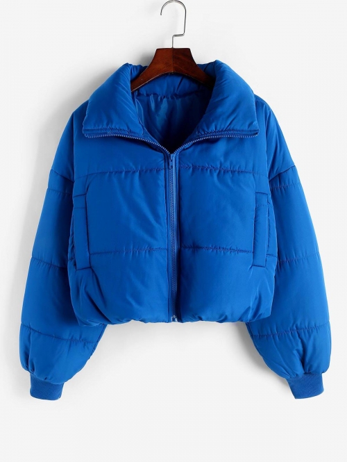 Zip Up Pockets Puffer Padded Coat S Blue