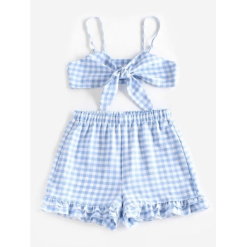 ZAFUL Gingham Tie Front Bralette Top and Ruffled Shorts Set Xl Light blue