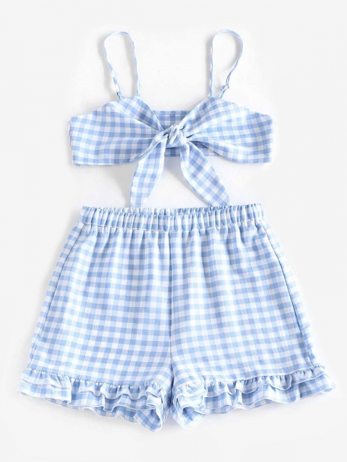 ZAFUL Gingham Tie Front Bralette Top and Ruffled Shorts Set Xl Light blue