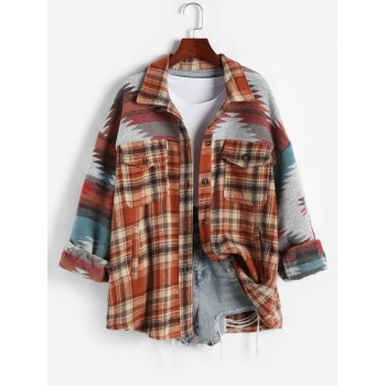 Oversize Ethnic Aztec Printed Plaid Colorblock Flap Pocket Woolen Shacket M Orange