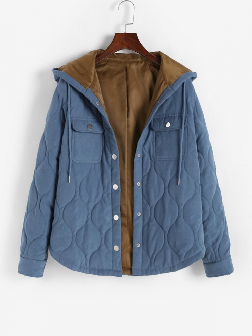 ZAFUL Hooded Flap Pockets Quilted Padded Coat L Blue