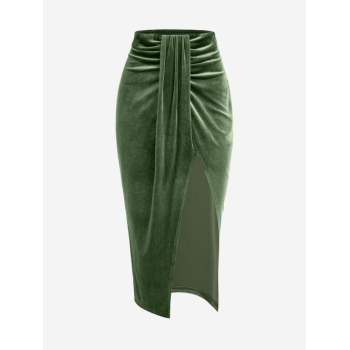 ZAFUL Ruched Draped Velvet Thigh High Slit Midi Skirt M Light green