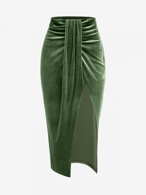 ZAFUL Ruched Draped Velvet Thigh High Slit Midi Skirt M Light green