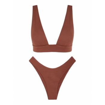 ZAFUL Textured Plunge High Cut Bikini Swimwear M Coffee