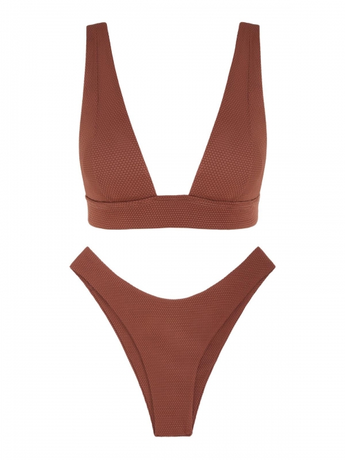 ZAFUL Textured Plunge High Cut Bikini Swimwear M Coffee