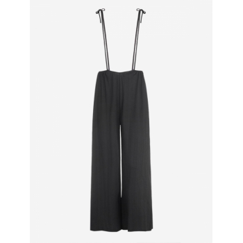 Cable Textured Tie Shoulder Suspender Wide Leg Pants L Black