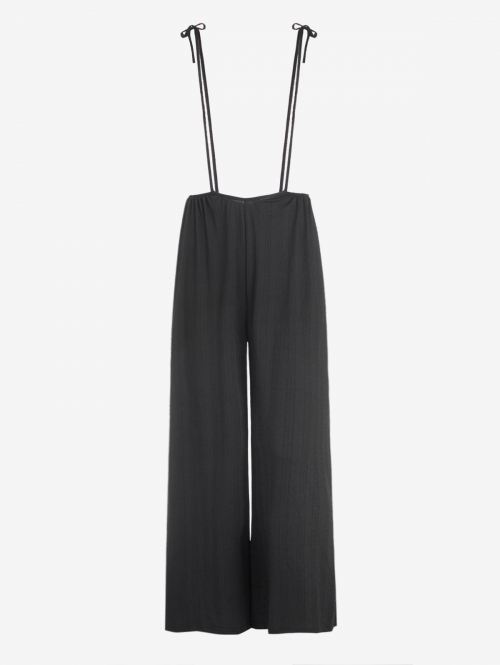 Cable Textured Tie Shoulder Suspender Wide Leg Pants L Black