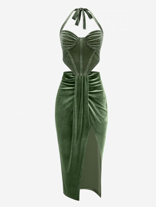 Velvet Two Piece Dress Bustier Corset-style Ruched Tank Top With Draped High Slit Midi Skirt Light green