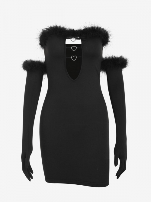 Mini Dress Heart Rings Cut Out Feather Trim Slinky Dress with Opera Gloves S Black