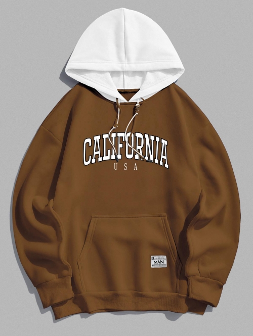 ZAFUL Men's ZAFUL Colorblock Hooded Letter CALIFORNIA Pattern Fleece-lined Hoodie M Coffee