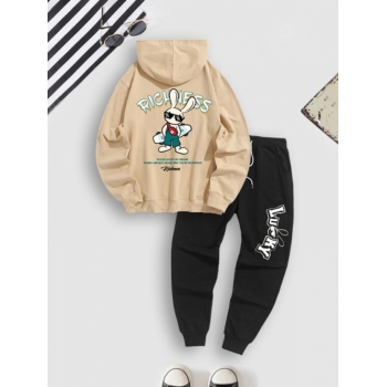 ZAFUL Men's Letter RICHNESS Rabbit Graphic Printed Hoodie and Drawstring Sports Pants Set Outfit Multi a