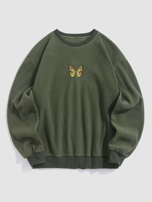 ZAFUL Men's ZAFUL Butterfly Embroidery Fuzzy Polar Fleece Sweatshirt Xxl Deep green