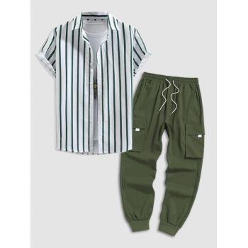 ZAFUL Men's Button Up Striped Short Sleeve Shirt and Flap Pocket Techwear Cargo Pants Set Green