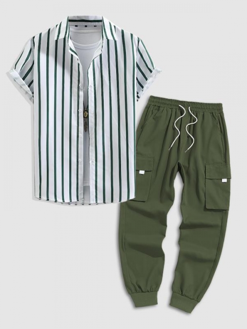 ZAFUL Men's Button Up Striped Short Sleeve Shirt and Flap Pocket Techwear Cargo Pants Set Green