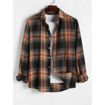 ZAFUL Men's Plaid Pattern Asymmetric Hem Design Long Sleeves Shirt S Coffee