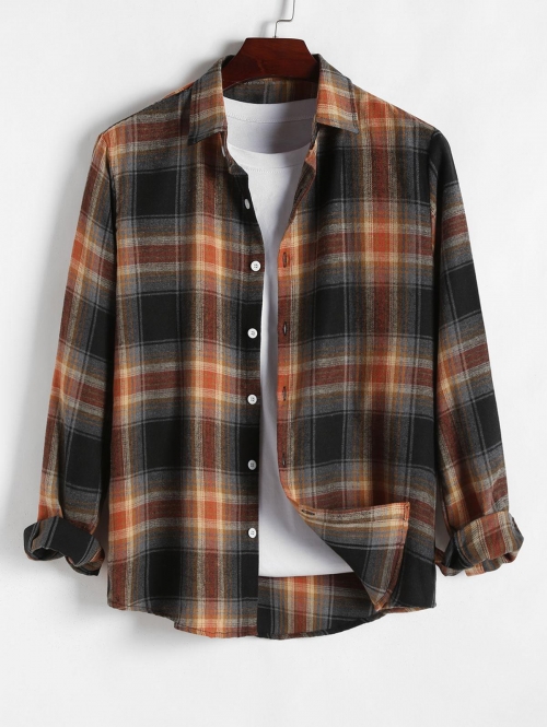 ZAFUL Men's Plaid Pattern Asymmetric Hem Design Long Sleeves Shirt S Coffee