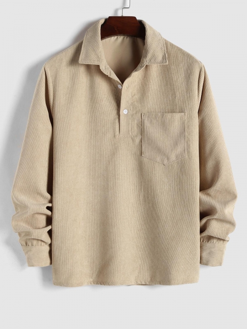 ZAFUL Men's ZAFUL Solid Color Half Button Pocket Corduroy Long Sleeves Collared Shirt L Light coffee