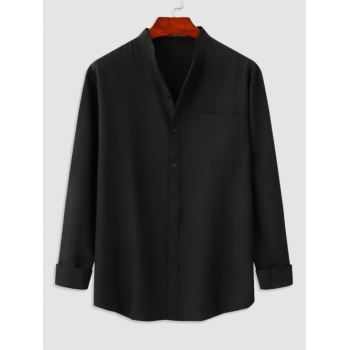 ZAFUL Men's Stand Collar Pocket Long Sleeves Basic Shirt M Black