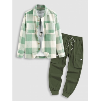 ZAFUL Men's Plaid Pattern Double Pockets Wool Blend Shacket with Drawstring Techwear Cargo Pants Set Green