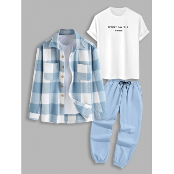 ZAFUL Men's 3Pcs C'EST LA VIE Letter Printed Short Sleeves T-shirt and Plaid Pattern Wool Blend Shacket and Drawstring Pocket Jogger Pants Set Light b