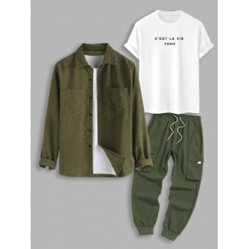 ZAFUL Men's 3Pcs C'EST LA VIE Letter Printed Pocket Corduroy Drawstring Techwear Cargo Pants Set Deep green