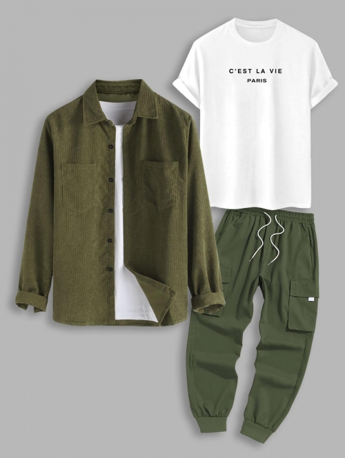 ZAFUL Men's 3Pcs C'EST LA VIE Letter Printed Pocket Corduroy Drawstring Techwear Cargo Pants Set Deep green