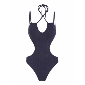 ZAFUL Ribbed Sparkly Metallic Criss Cross Cut Out One-piece Swimsuit M Deep blue