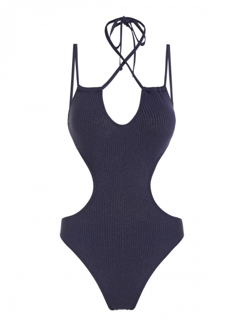 ZAFUL Ribbed Sparkly Metallic Criss Cross Cut Out One-piece Swimsuit M Deep blue