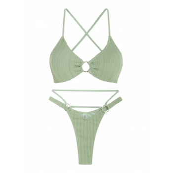 ZAFUL O-ring Caged Cable Textured Thong Brazilian Bikini Swimwear Green