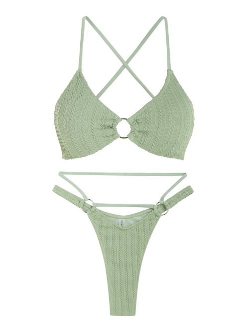 ZAFUL O-ring Caged Cable Textured Thong Brazilian Bikini Swimwear Green