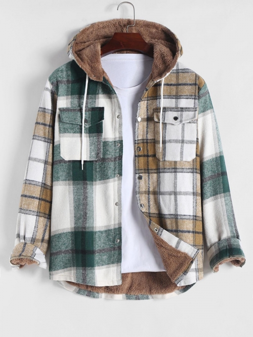 ZAFUL Men's ZAFUL Plaid Pattern Double Pocket Design Fleece-lined Hooded Jacket Xxl Multi a