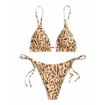 ZAFUL Frilled Tie Side Animal Print String Bikini Swimwear S Light coffee