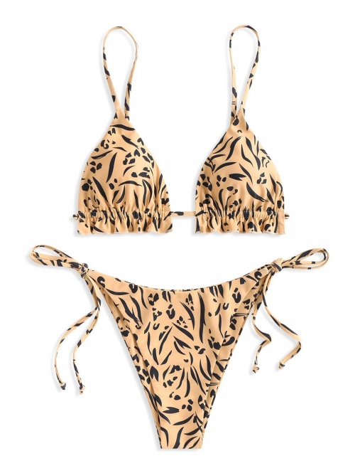 ZAFUL Frilled Tie Side Animal Print String Bikini Swimwear S Light coffee