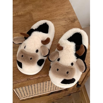 Women Cartoon Cow Design Fluffy Warm Bedroom Slippers