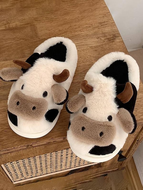 Women Cartoon Cow Design Fluffy Warm Bedroom Slippers