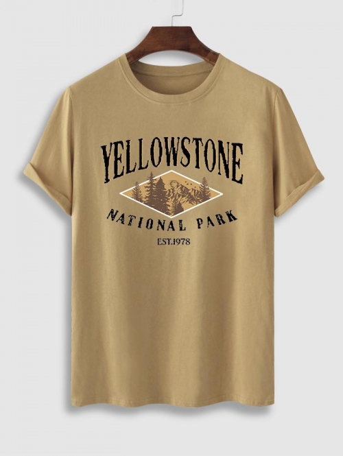 ZAFUL Men's YELLOWSTONE NATIONAL PARK Trees Pattern Short Sleeves T-shirt Xl Light coffee