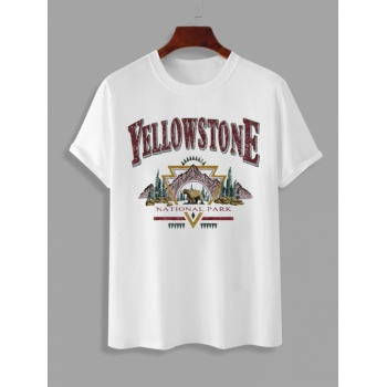 ZAFUL Men's YELLOWSTONE NATIONAL PARK Pattern Short Sleeves T-shirt L White