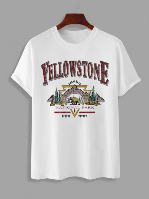 ZAFUL Men's YELLOWSTONE NATIONAL PARK Pattern Short Sleeves T-shirt L White