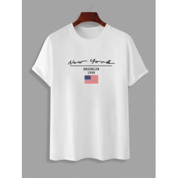 ZAFUL Men's American Flag New York Graphic Pattern Short Sleeves T-shirt L White