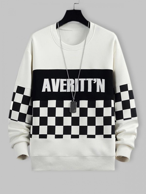 ZAFUL Men's Letter Checkerboard Pattern Pullover Sweatshirt Xs White