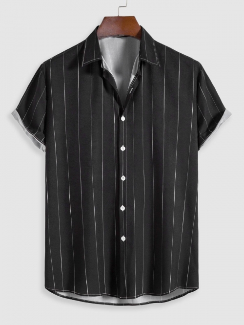 ZAFUL Men's Pinstriped Pattern Button Fly Short Sleeves Shirt M Black