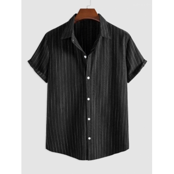 ZAFUL Men's Men's Vertical Striped Pattern Short Sleeves Button Fly Casual Summer Shirt S Black