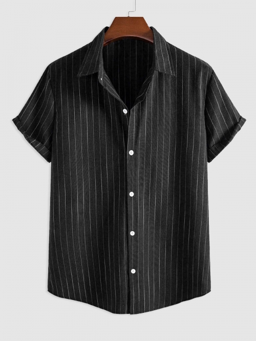 ZAFUL Men's Men's Vertical Striped Pattern Short Sleeves Button Fly Casual Summer Shirt S Black