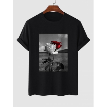 ZAFUL Men's Floral Rose Graphic Printed Short Sleeve T-shirt M Black