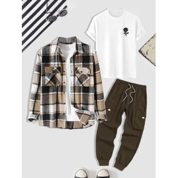 ZAFUL Men's 3Pcs Outfits Plaid Shacket and Rose Print T-shirt and Techwear Cargo Pants Set Coffee